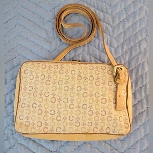 Vintage CELINE C Macadam Blason Monogram Canvas Crossbody Bag Beige Tan